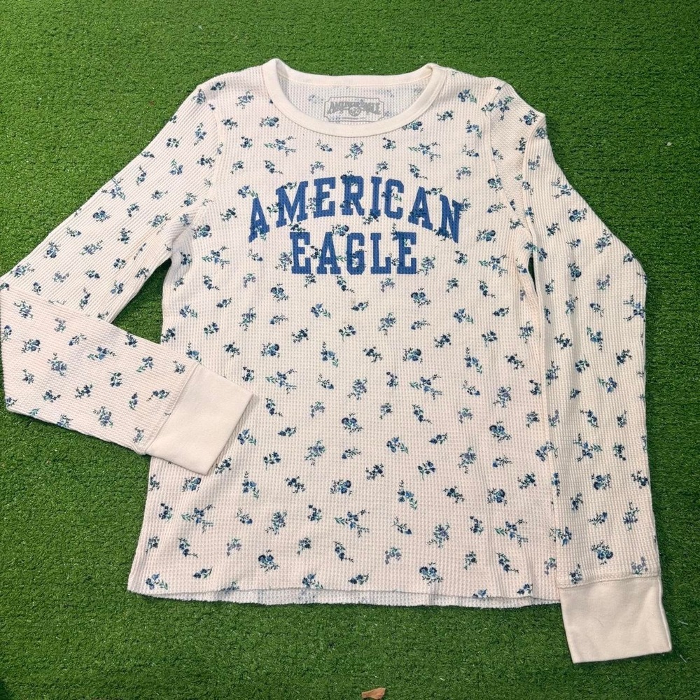 American Eagle Women's M Thermal Waffle Knit Micro Floral Spellout Long Sleeve